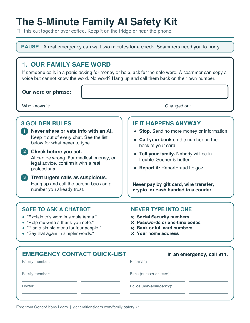 Preview of the one-page Family AI Safety Kit: a family safe word box, three golden rules, what to do if it happens anyway, and an emergency contact list.
